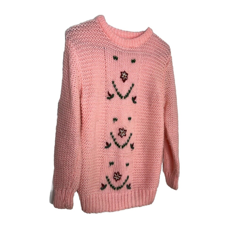 RIVE DROITE Sweater M L Knit Floral Crochet Pink Vtg Cottage Core Grandma Core
